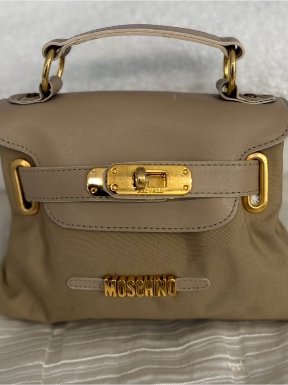 Chic & Fun Vintage 1990s Moschino Mini Kelly Bag Tan Leather & Nylon Belt Loop